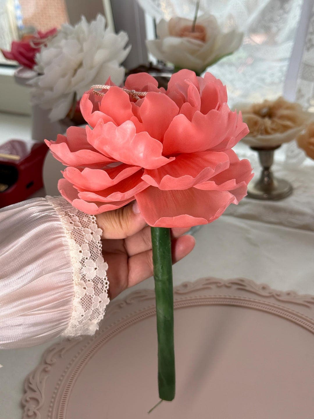 Large Peony Beeswax Candle, sculpted from pure beeswax
